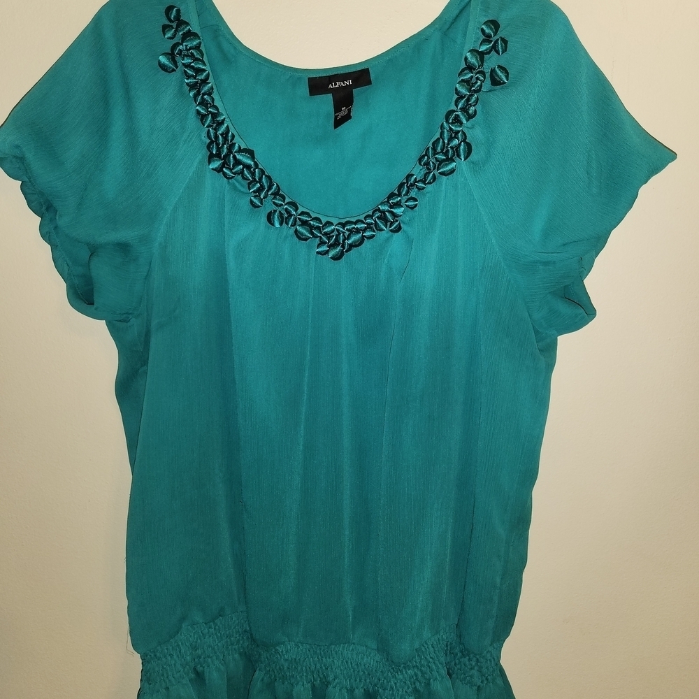 Alfani Teal Blouse with Embellished Neckline